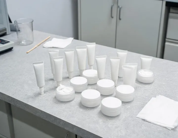 mini sunscreen bulk on a cosmetics bench, illustration only